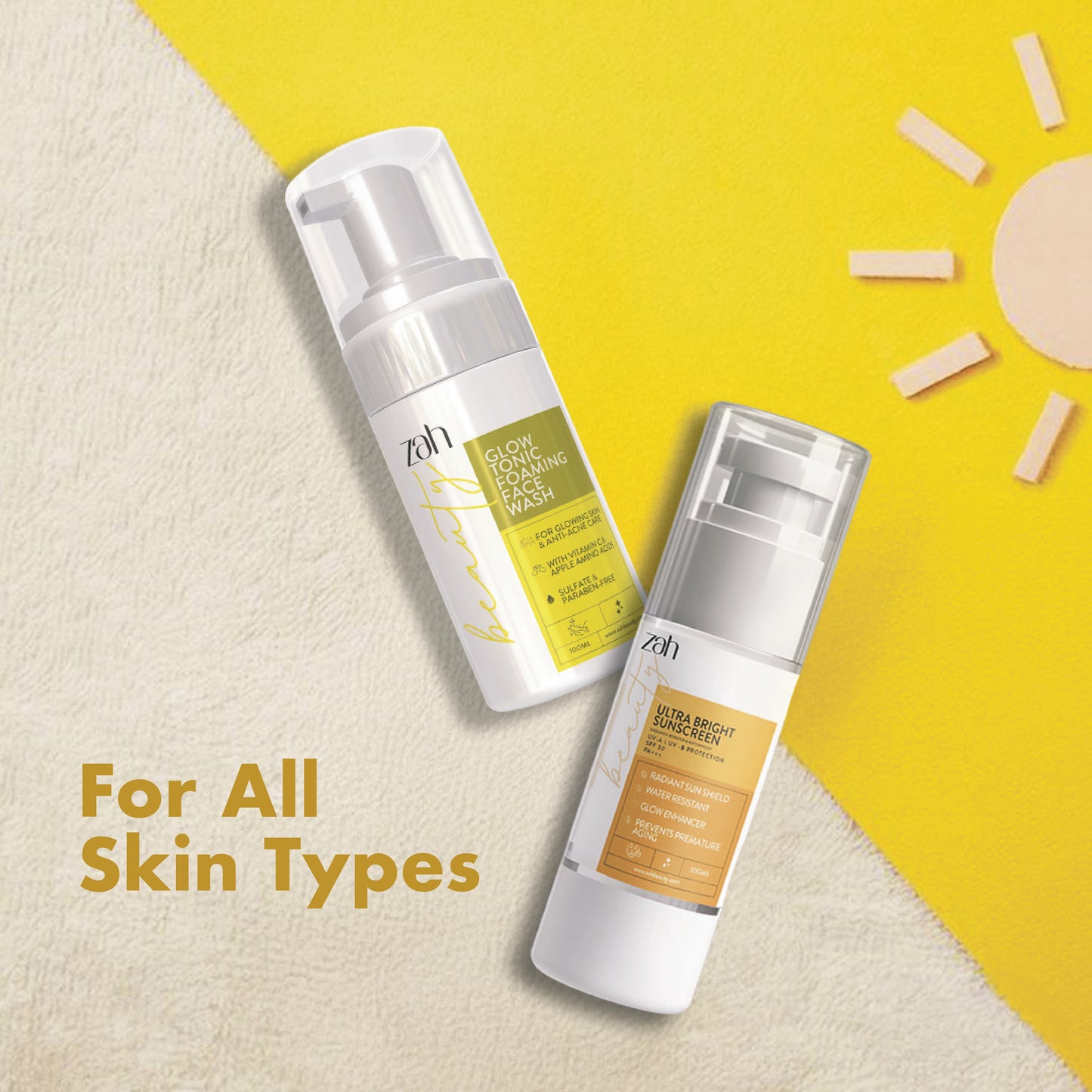 ZAH BEAUTY Glow & Shield Combo | Glow Tonic Foaming Face Wash + Ultra Bright Sunscreen | Deep Cleansing, Brightening & Broad-Spectrum UV Protection
