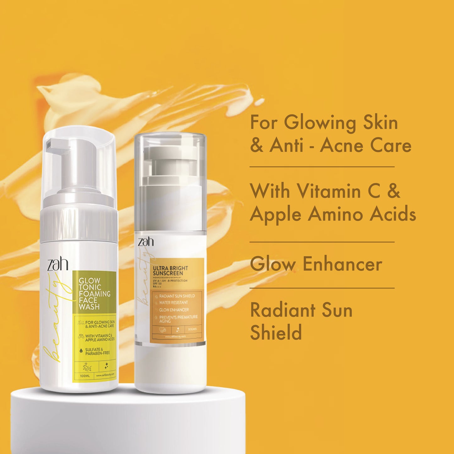 ZAH BEAUTY Glow & Shield Combo | Glow Tonic Foaming Face Wash + Ultra Bright Sunscreen | Deep Cleansing, Brightening & Broad-Spectrum UV Protection