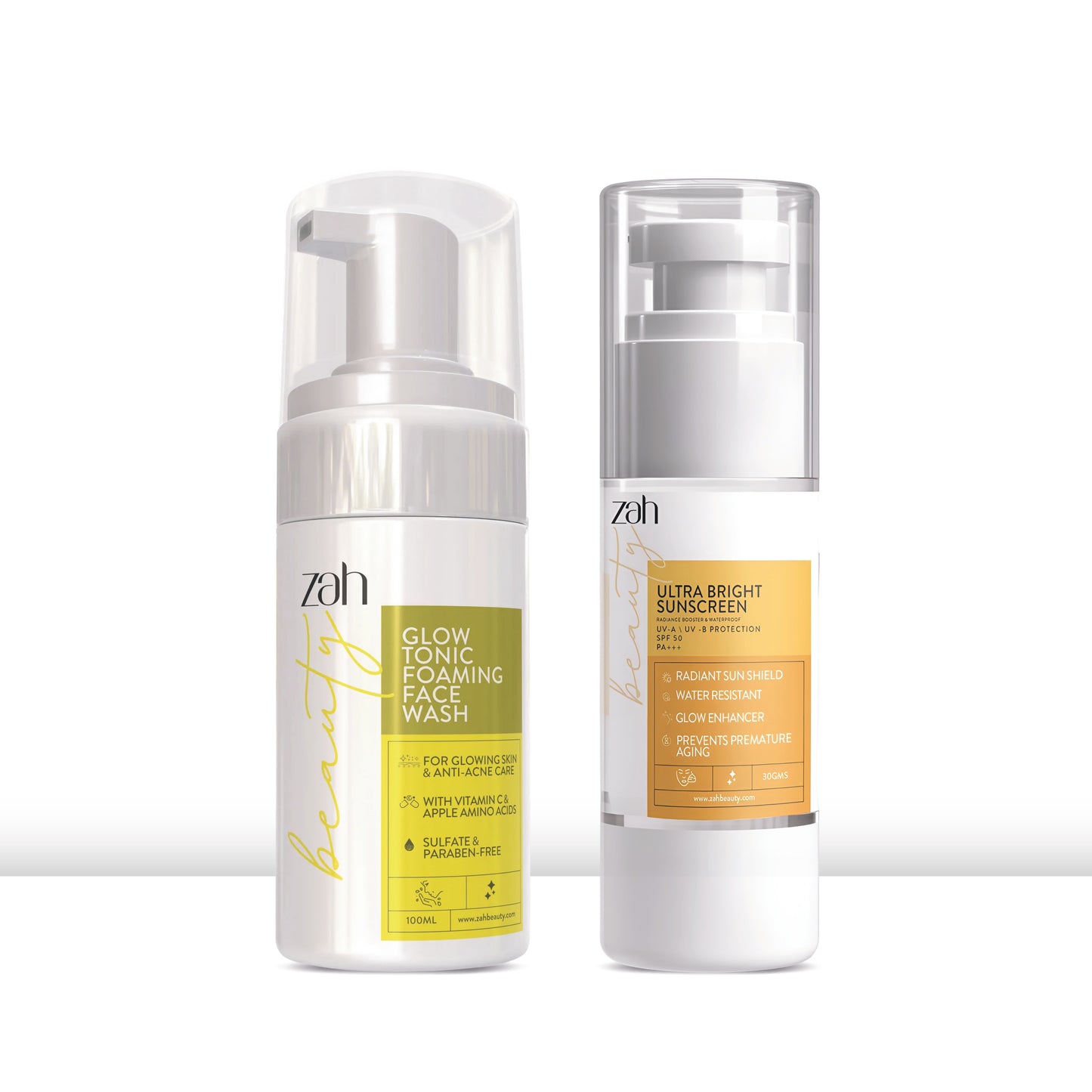 ZAH BEAUTY Glow & Shield Combo | Glow Tonic Foaming Face Wash + Ultra Bright Sunscreen | Deep Cleansing, Brightening & Broad-Spectrum UV Protection