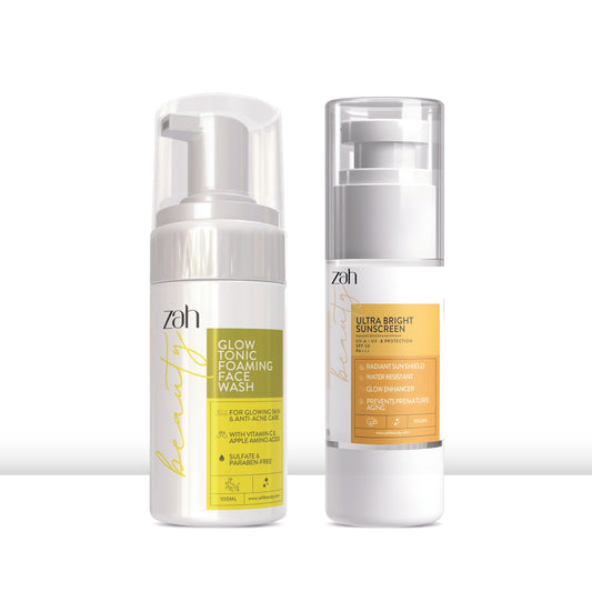 ZAH BEAUTY Glow & Shield Combo | Glow Tonic Foaming Face Wash + Ultra Bright Sunscreen | Deep Cleansing, Brightening & Broad-Spectrum UV Protection